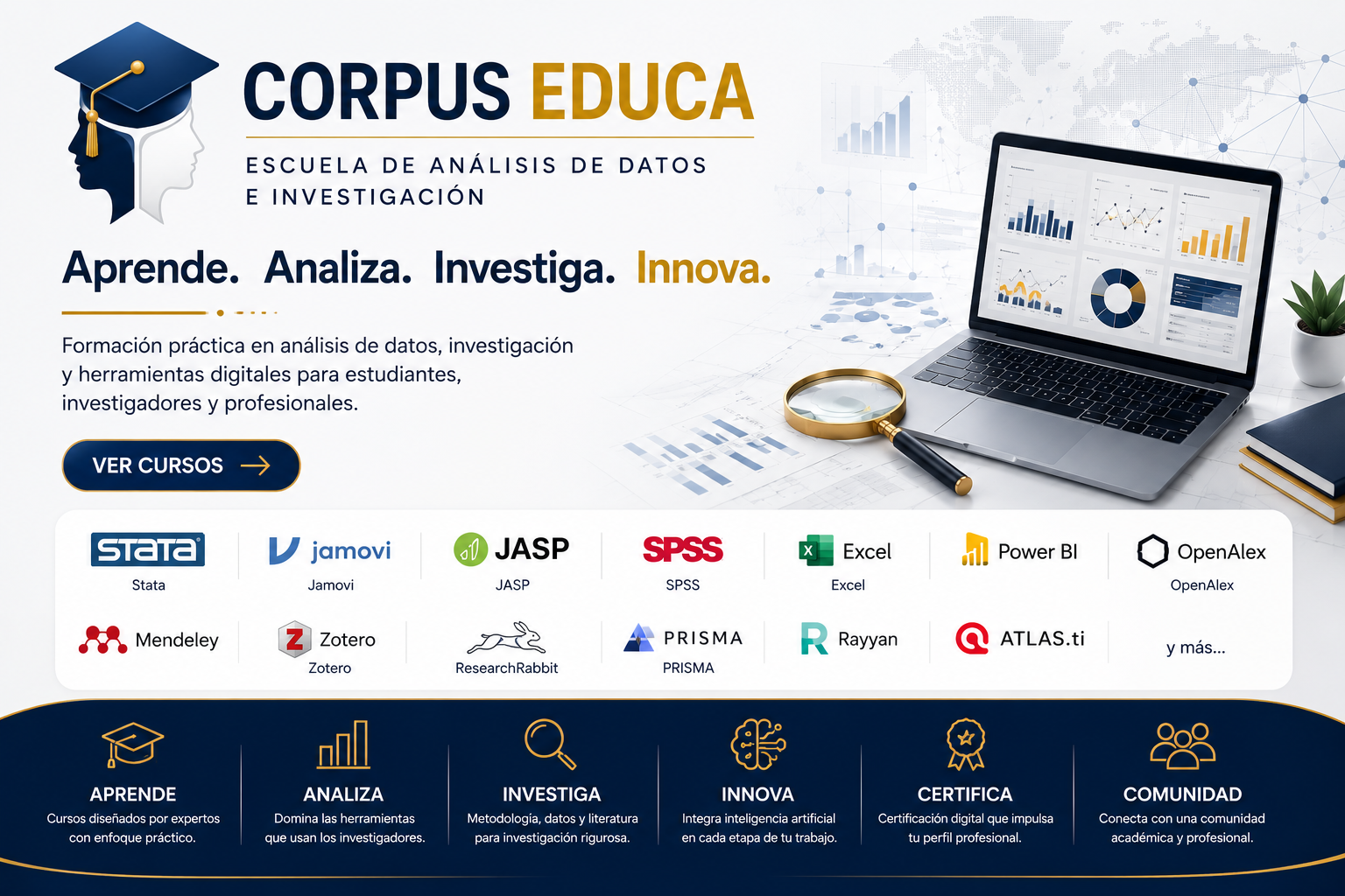 Banner principal de Corpus Educa, escuela de análisis de datos e investigación, con acceso al catálogo de cursos.